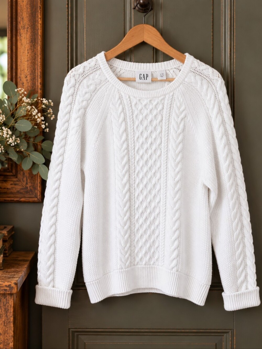 GAP White Cable Knit Sweater XL 100% Cotton Fisherman Coastal 23.5” P2P